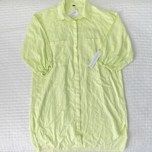 NWT Young Fabulous & Broke Puff Sleeve Button Up Linen Shirt Dress Lime Green XS